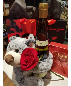 TO MY VALENTINE Single red rose, bottle of wine, chocolates and teddy bear