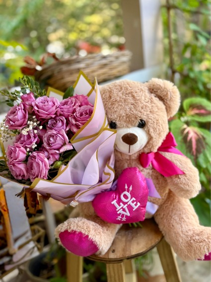Mini Lavender Rose and Bear Bouquet 