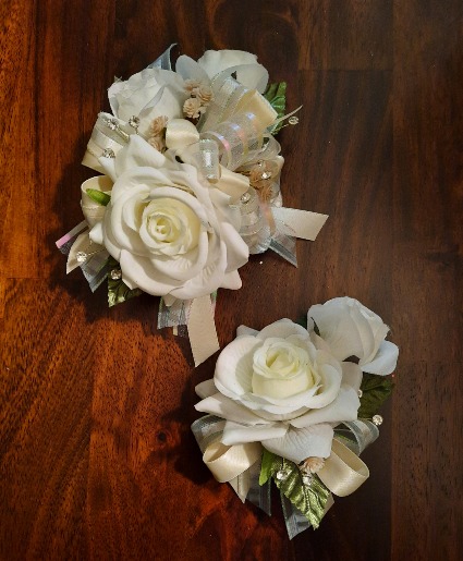 Traditional Corsage & Boutonniere Set Faux Blossoms on Pearl Bracelet