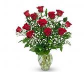  Red Roses with Babies Breath Roses