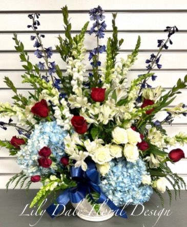 Traditional Patriotic Tribute Sympathy Arrangement in Chicora, PA | Lily Dale Floral Design Studio