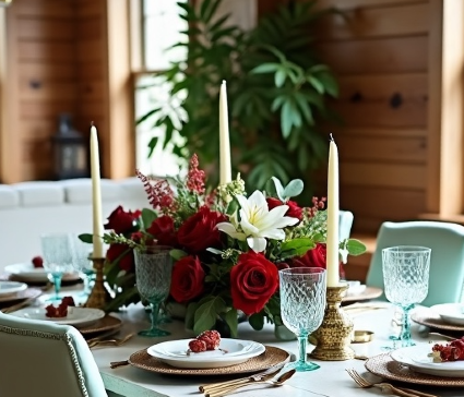 Traditional Red rose & white Lily Centerpiece One, Two or Three Candle