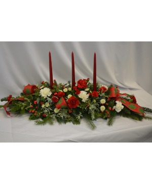 TRIPLE CANDLE CHRISTMAS CENTERPIECE FRESH FLOWER ARRANGEMENT