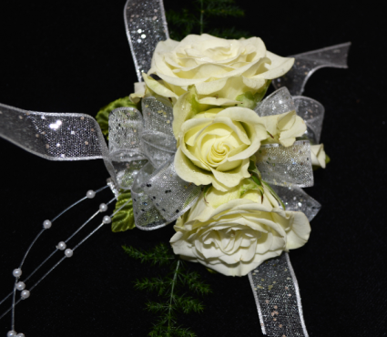 TRIPLE WHITE ROSE CORSAGE FOR IN STORE PICK ONLY WRIST CORSAGE