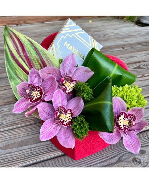 Tropical Heart Of Orchids & Chocolates Heart Shaped Hat Box Arrangement & Chocolates