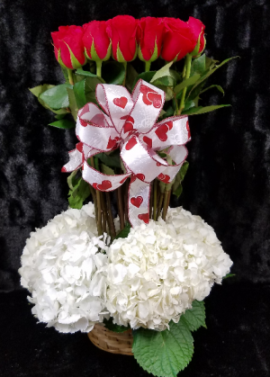 True Love Forever Basket of Hydrangea and Red Roses