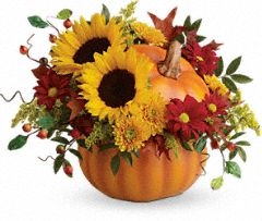 Teleflora,s pretty pumpkin bouquet Floweers in gift collection next year what a great candy dish