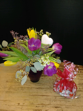 Tu Lips and a Kiss Vase of tulips with a bag of kisses