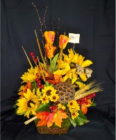 Tulips, Sunflowers & Leaves in Silk Arrangement 