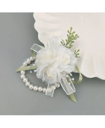 White Tulle Rose Corsage Bracelet in Newmarket, ON | FLOWERS 'N THINGS FLOWER & GIFT SHOP
