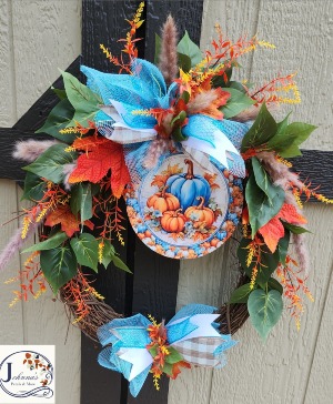 Turquoise Fall Pumpkin Grapevine Wreath