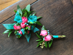 Turquoise & Pink Corsage & Boutonniere  