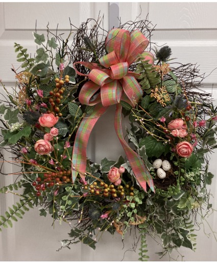 Twiggy coral and green wreath Permanent botanical