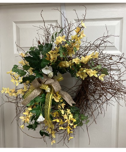 Twiggy forsythia and ivy wreath  Permanent botanical