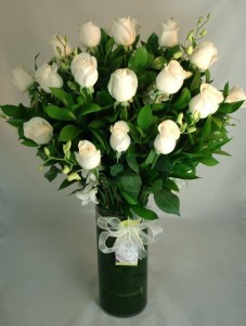 Two Dozen Long Stem White Roses with Orchids