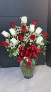 Two Dozen Red And White Roses Arranged 