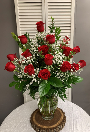 Two Dozen Red Rose Arrangement with Filler Flower Tall Vase Arrangement