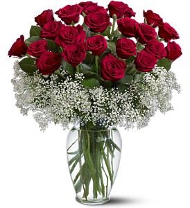 Two Dozen Red Roses Surrounded By Baby's Breath Vase