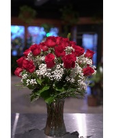 TWO Dozen Red Roses  Vased With Baby's Breath