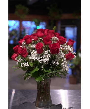TWO Dozen Red Roses  Vased With Baby's Breath in South Milwaukee, WI | PARKWAY FLORAL INC.