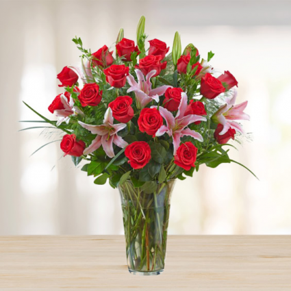 Two Dozen Red Roses with Lilies Mixed Rose Arrangement