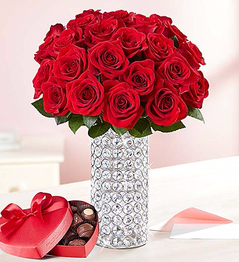 Two Dozen Romantic Red Roses and Chocolate