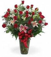 Two Dozen Rose Vase With Stargazer Lily
