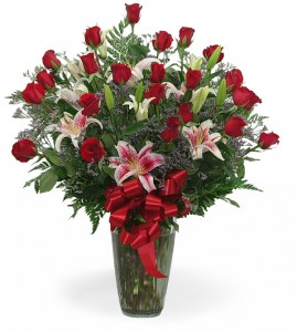 Two Dozen Rose Vase With Stargazer Lily in Dayton, OH | FLOWERAMA Two Dozen Rose Vase With Stargazer Lily in Dayton, OH | FLOWERAMA