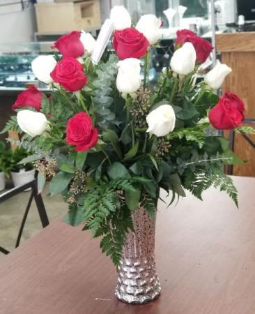 Two Dozen Roses (Red and White) Vase Arrangement