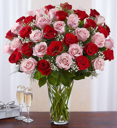 Ultimate Elegance™ Long Stem Pink & Red Roses All-around arrangement