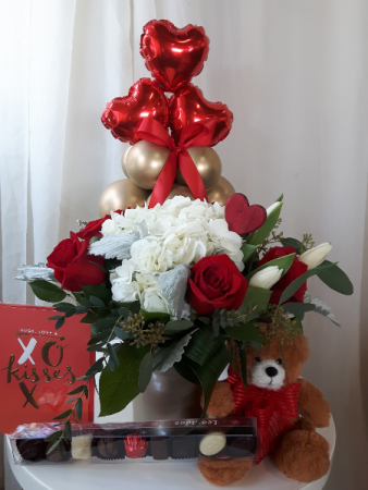 Ultimate Golden Flowers, Balloons, Teddy Bear,  Chocolate & Card Package 