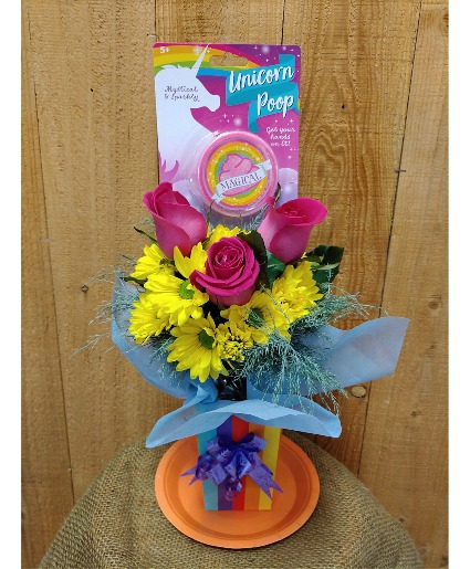 unicorn POOP & ROSES upon a RAINBOW Vase Arrangement 