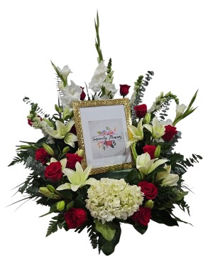 Urn Piece or Picture Surround - red and white funeral