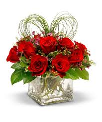 V-1 Square vase w/12-red roses, and Heart shaped Bear grass