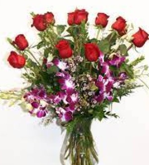 V-2 FOR MY SPECIAL SOMEONE!! PREMIUM DOZEN RED ROSES W/BOMBAY ORCHIDS