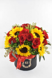 V-24 RED ROSES, W/SUNFLOWERS IN A BLACK HAT BOX