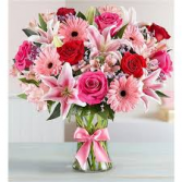 V-36 RED, PINK ROSES, W/STAR GAZER AND GERBER DAISIES