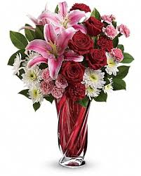 V 41 STAR GAZER LILLIES, ROSES, CARNATIONS AND WHITE MUMS
