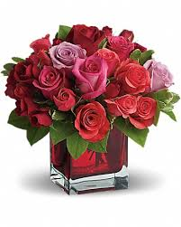 V-8 MULTI-COLOR ROSES IN A SQUARE VASE