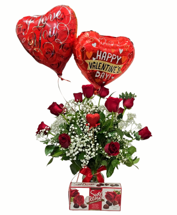 V-Day 1DZ Special 1DZ Roses in a Vase, 20pcs Chocolate & 2 Mylars in Laurel, MD | Lea's Flower Shop V-Day 1DZ Special 1DZ Roses in a Vase, 20pcs Chocolate & 2 Mylars in Laurel, MD | Lea's Flower Shop