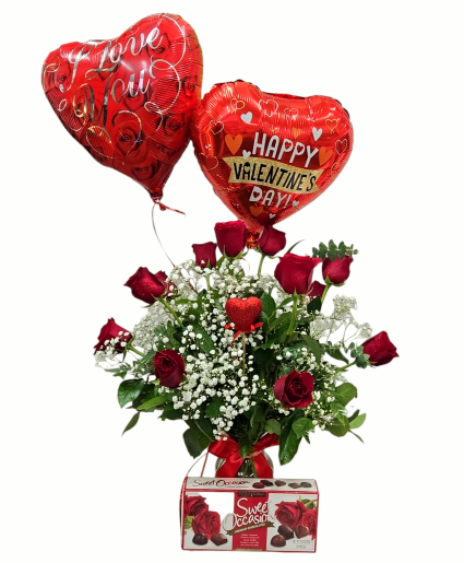 V-Day 1DZ Special 1DZ Roses in a Vase, 20pcs Chocolate & 2 Mylars 