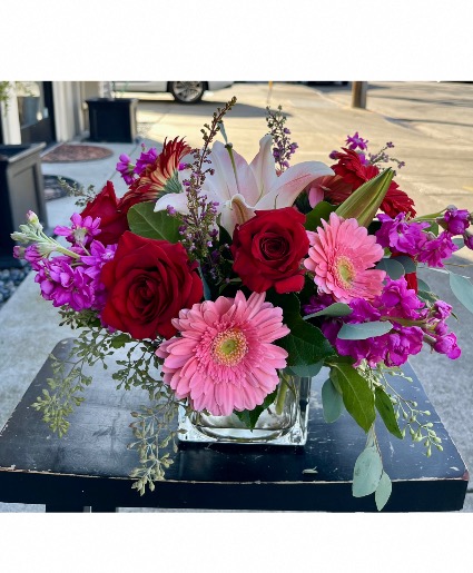 Wow Factor Red and Pink arrangement in low vase