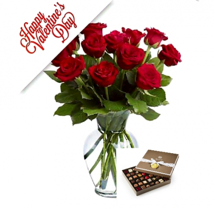 Valentine Perfection dozen roses plus chocolates  fresh arrangement