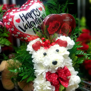 Valentine Puppy Love Basket of Carnations and mums sculpted into a puppy!! 