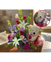 Valentine Romance  Fresh Flowers, Plush Bear & Wine Glass Basket