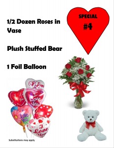 Valentine Special #4 6 Red roses in vase, Plush bear, & Sm balloon