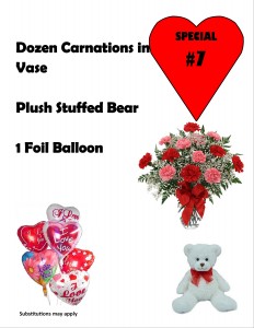 Valentine Special #7 Doz Carnations in vase, Plush Bear & Lg Balloon