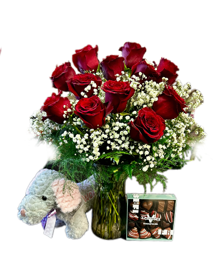 Big Love - Valentine Special  Dozen Roses Vased with Baby's Breath, Plush Animal, and Box of V's Chocolate Truffles