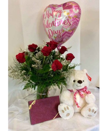 Valentine's Sweets and Bear Bundle Vase Arrangement in Warrington, PA | BLUE VIOLET FLOWERS