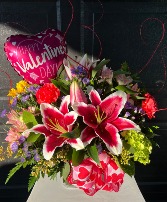 Valentine Themed Blooming With Color Vase Arrangement